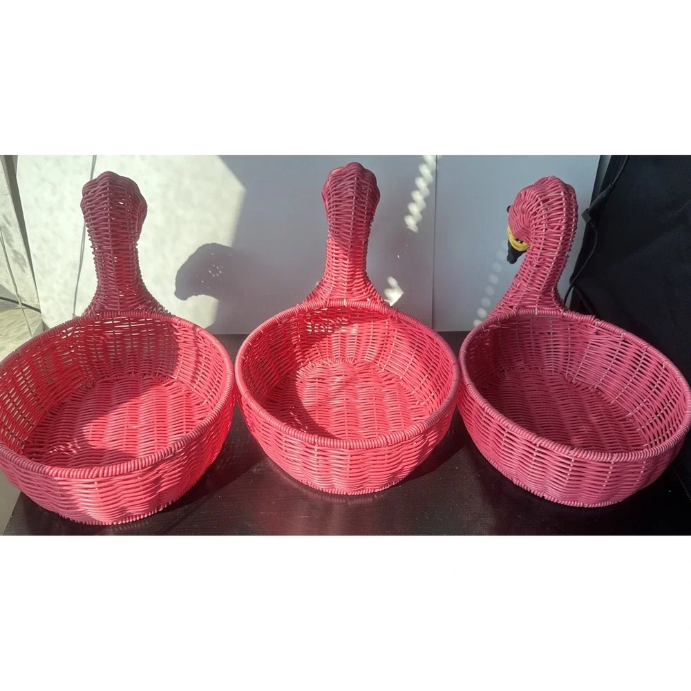 3 Flamingo Resin Wicker Pink Decor Baskets Centerpiece Indoor/Outdoor
